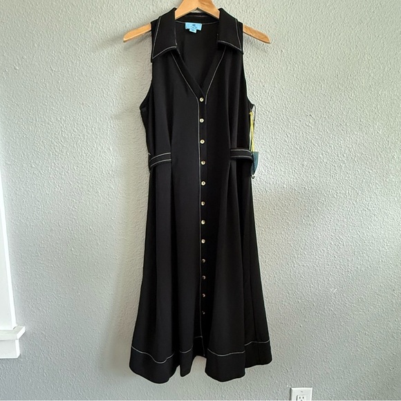 CeCe Sleeveless Belted Waist Midi‎ Dress NWT Size 10 Black & White - Picture 4 of 8